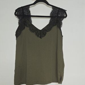 Olive Green Lace Trim Tank Top